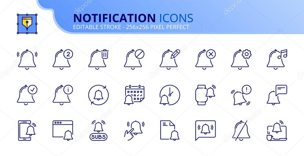 Outline icons about notification. Interface elements. Contains such icons as alert, event, bell, subscribe, ringtone and info. Editable stroke Vector 256x256 pixel perfect
