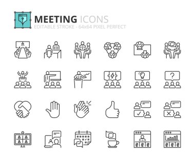 Toplantının simgelerini özetle. İş konsepti. Konferans, röportaj, sunum, webinar, takım çalışması ve birlikte çalışma gibi ikonlar içerir. Düzenlenebilir vuruş vektörü 64x64 piksel mükemmel
