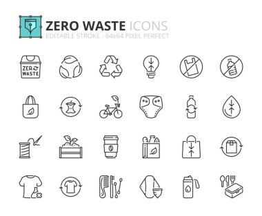 Outline icons about zero waste. Ecology concept. Contains such icons as refuse, reduce, reuse, recycle and rot. Editable stroke Vector 64x64 pixel perfect clipart