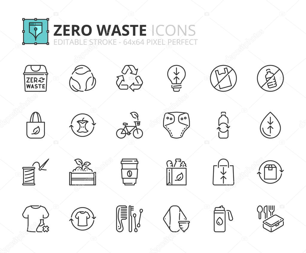 Outline icons about zero waste. Ecology concept. Contains such icons as refuse, reduce, reuse, recycle and rot. Editable stroke Vector 64x64 pixel perfect