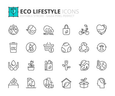 Outline icons about eco lifestyle. Ecology concept. Contains such icons as CO2 neutral, zero waste, use bike, green energy and global warming. Editable stroke Vector 64x64 pixel perfect clipart