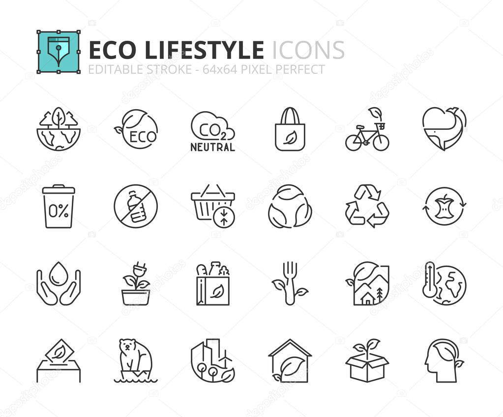 Outline icons about eco lifestyle. Ecology concept. Contains such icons as CO2 neutral, zero waste, use bike, green energy and global warming. Editable stroke Vector 64x64 pixel perfect