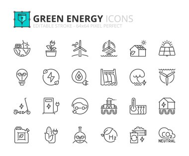 Yeşil enerji hakkında taslak simgeler. Ekoloji konsepti. CO2 nötr, güneş, jeotermal ve rüzgar enerjisi, hidroelektrik, biyoyakıt ve biyokütle gibi ikonlar içerir. Düzenlenebilir vuruş vektörü 64x64 piksel mükemmel