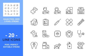 Line icons about dogs and vet. Pets. Contains such icons as health care, dental care, test, vaccines, diagnosis, x-ray, deworming and urgency. Editable stroke. Vector - 64 pixel perfect grid clipart