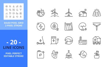 Line icons about about green energy. Ecology concept. Contains such icons as CO2 neutral, solar, geothermal and wind energy, hydropower, biofuel and biomass. Editable stroke. Vector - 64 pixel perfect grid clipart