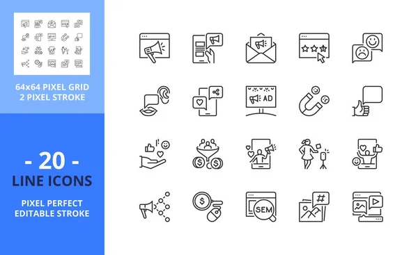 ソーシャルメディアマーケティングに関するラインアイコン Sem フォロワー コンテンツ インフルエンサー ウイルスなどのアイコンが含まれています 編集可能なストローク ベクトル 64ピクセルの完璧なグリッド — ストックベクタ