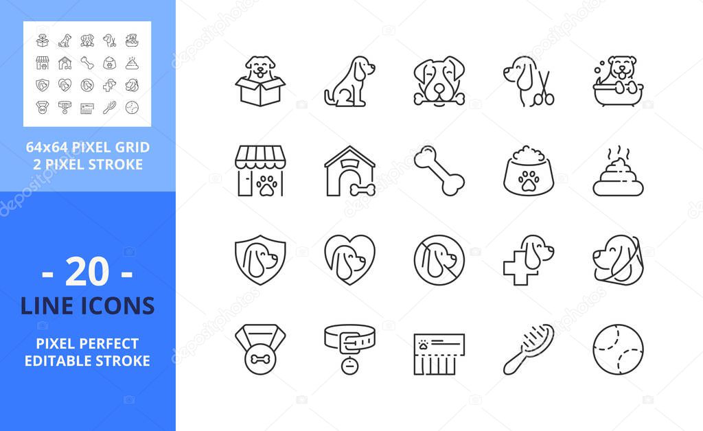 Line icons about dogs. Pets. Contains such icons as vet, health care, supplies, food and insurance. Editable stroke. Vector - 64 pixel perfect grid