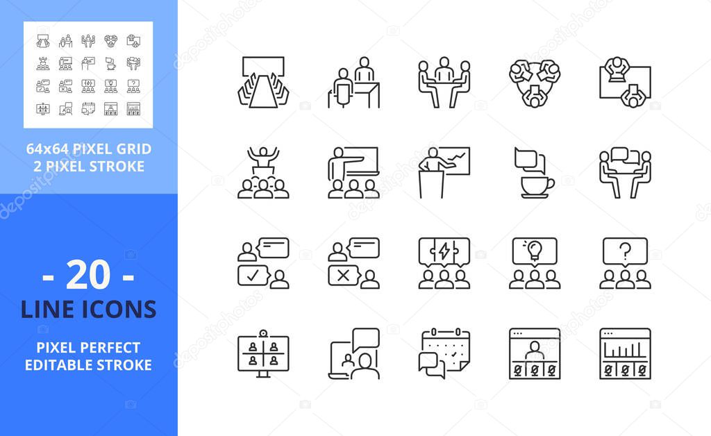 Line icons about meeting. Business concept. Contains such icons as conference, interview, presentation, webinar, teamwork and coworking. Editable stroke. Vector - 64 pixel perfect grid