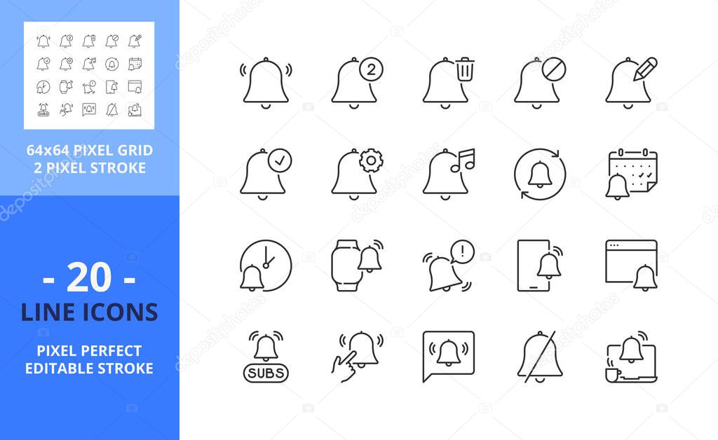 Line icons about notification. Interface elements. Contains such icons as alert, event, bell, subscribe, ringtone and info. Editable stroke. Vector - 64 pixel perfect grid