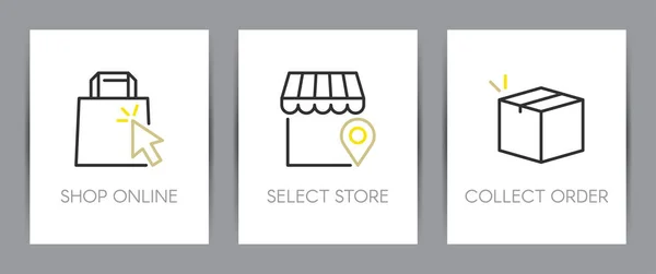 网上购物 选择商店 收集订单 网上购物的概念 网页模板 带有图标的隐喻 如购物袋 选择位置并接收订单 图库插图