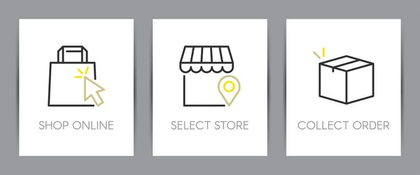 온라인으로 구매하고 가게를 선택하고 주문을 받습니다 온라인 페이지 템플릿 쇼핑백 스톡 일러스트레이션