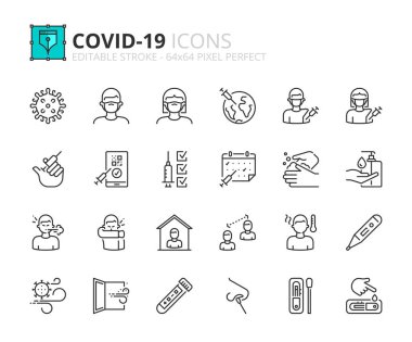 Outline icons about COVID-19. Contains such icons as vaccine, virus, face mask, digital certificate, antigen test, PCR and ventilating space. Editable stroke Vector 64x64 pixel perfect clipart