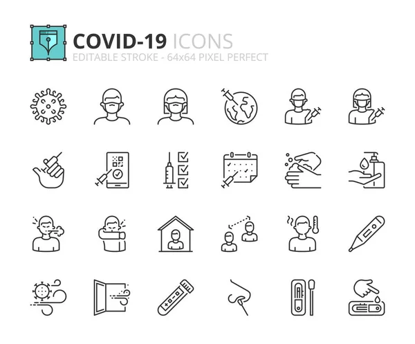 Covid 19の概要アイコン ワクチン ウイルス フェイスマスク デジタル証明書 抗原検査 Pcr 呼吸空間などのアイコンが含まれています 編集可能なストロークベクトル64X64ピクセル完全 — ストックベクタ