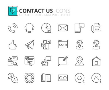 Bizimle bağlantı kurmakla ilgili taslak simgeleri. Çağrı merkezi, destek, posta, curtomer hizmeti, web sitesi, geribildirim, bilgi ve çağrı gibi simgeleri içerir. Düzenlenebilir vuruş vektörü 64x64 piksel mükemmel