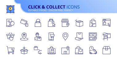 Tıklama ve toplama hakkında simgeler çiz. Alışveriş, internetten alışveriş, konum, depo, dolap, toplama ve toplama gibi ikonlar içeriyor. Düzenlenebilir vuruş vektörü 256x256 piksel mükemmel