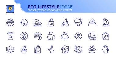 Outline icons about eco lifestyle. Ecology concept. Contains such icons as CO2 neutral, zero waste, use bike, green energy and global warming. Editable stroke Vector 256x256 pixel perfect clipart