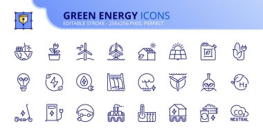 Yeşil enerji hakkında taslak simgeler. Ekoloji konsepti. CO2 nötr, güneş, jeotermal ve rüzgar enerjisi, hidroelektrik, biyoyakıt ve biyokütle gibi ikonlar içerir. Düzenlenebilir vuruş vektörü 256x256 piksel mükemmel