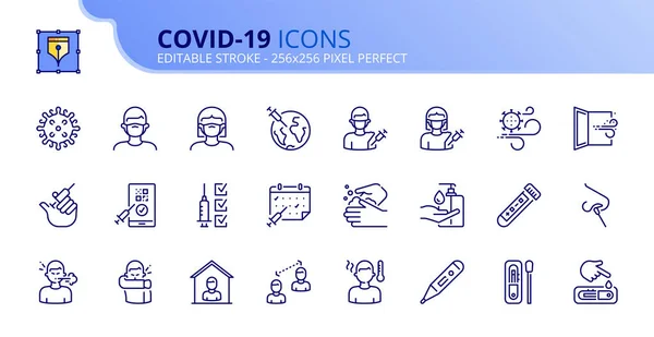 Covid 19の概要アイコン ワクチン ウイルス フェイスマスク デジタル証明書 抗原検査 Pcr 呼吸空間などのアイコンが含まれています 編集可能なストロークベクトル256X256ピクセル完全 — ストックベクタ