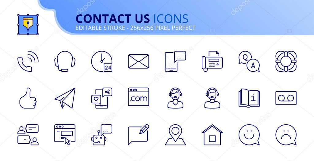 Outline icons about contact us. Contains such icons as call center, support, mail, curtomer service, web site, feedback, info and call. Editable stroke Vector 256x256 pixel perfect