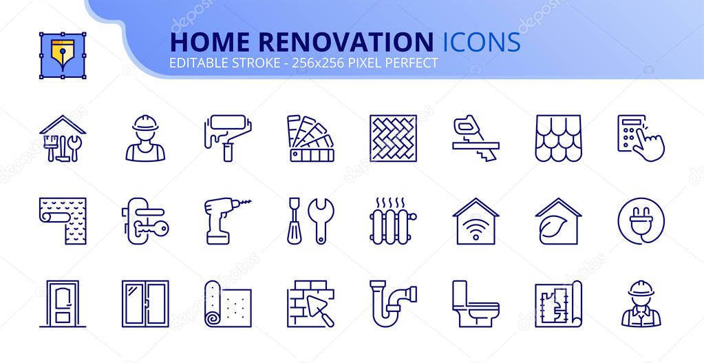 Outline icons about home renovation. Contains such icons as repair, tools, building materials, worker, sanitary, carpentry, architecture  and decor. Editable stroke Vector 256x256 pixel perfect