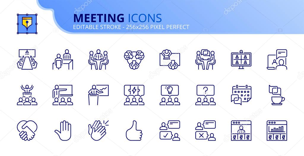 Outline icons about meeting. Business concept. Contains such icons as conference, interview, presentation, webinar, teamwork and coworking. Editable stroke Vector 256x256 pixel perfect
