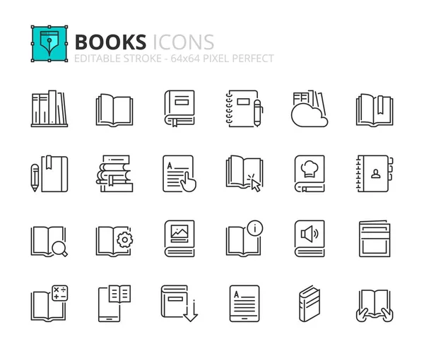 Zarys Ikon Książkach Zawiera Takie Ikony Jak Czytelnik Czytanie Biblioteka — Wektor stockowy