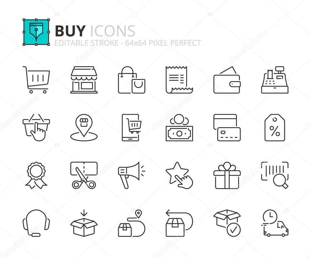 Outline icons about buy. Contains such icons as shopping cart, store, delivery, discount, shop online and payment methods. Editable stroke Vector 64x64 pixel perfect