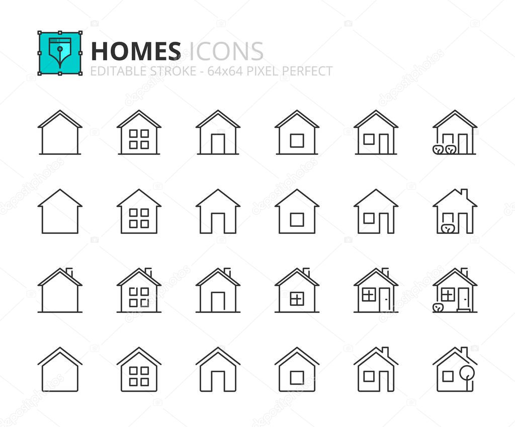 Line icons about home and real estate. Contains such icons as diferents houses with window, door, chimney and garden. Editable stroke Vector 64x64 pixel perfect