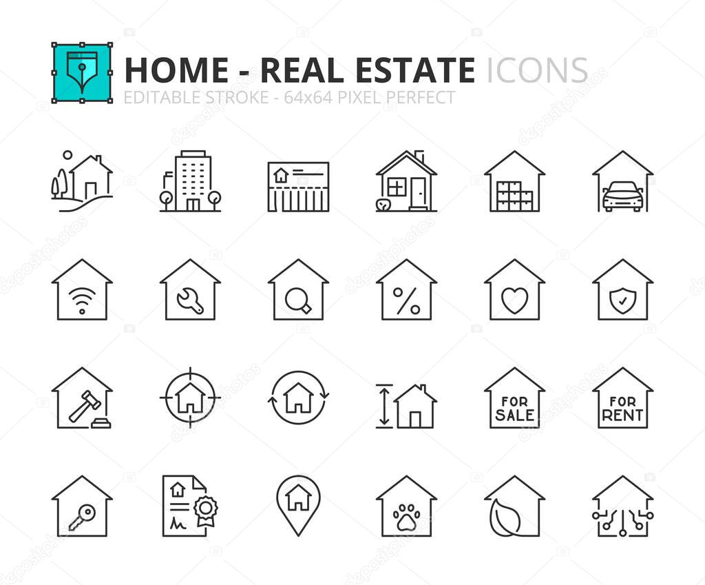 Line icons about home and real estate. Contains such icons as country house, apartments, search for sale or for rent, mortgage and insurance. Editable stroke Vector 64x64 pixel perfect