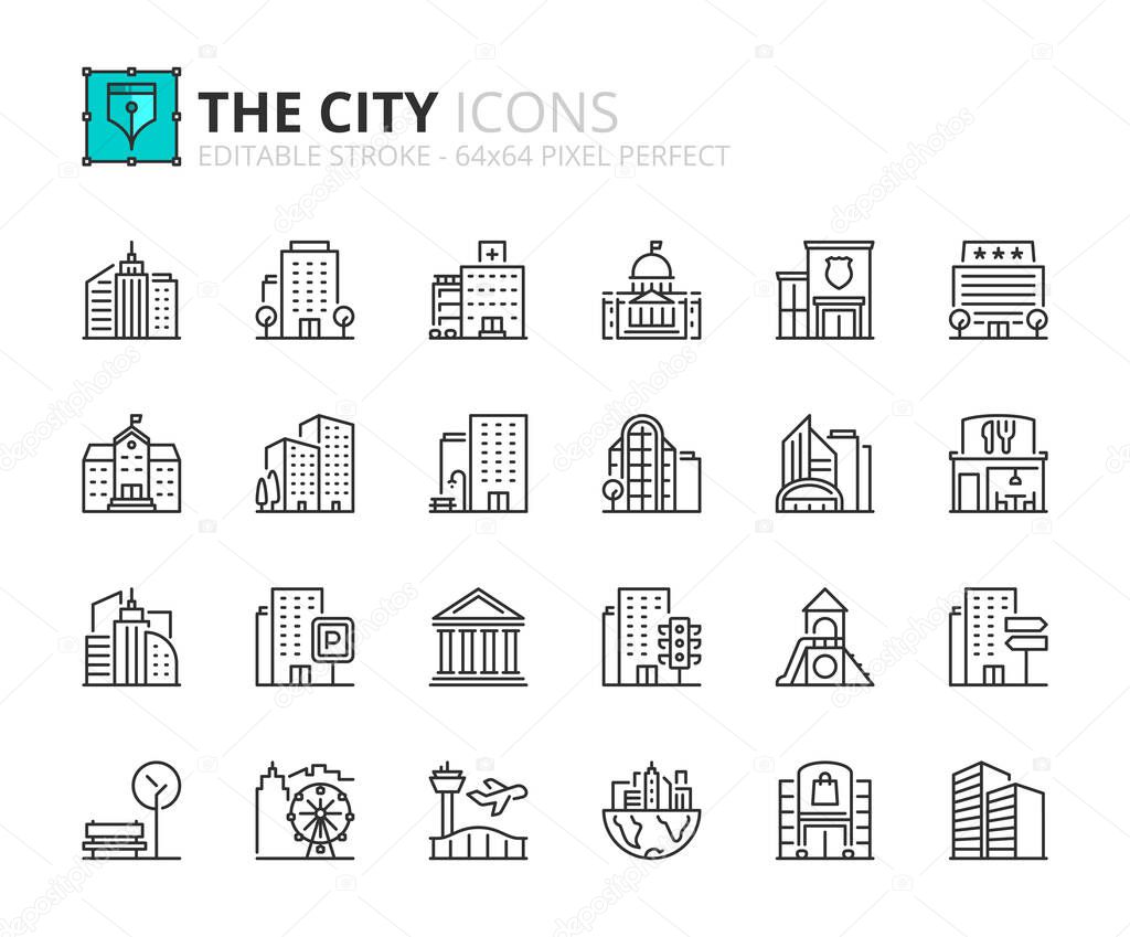 Line iconsabout the city. Contains such icons as apartments, office, bank, hospital, buildings, skyscraper, mall and park. Editable stroke Vector 64x64 pixel perfect