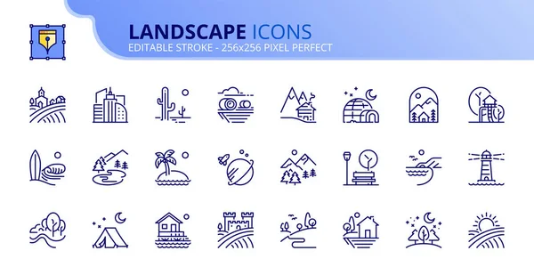 Line Icons Landscape Contains Icons Fields Mountains Island Grove Beach — стоковый вектор