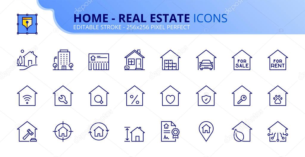 Line icons about home and real estate. Contains such icons as country house, apartments, search for sale or for rent, mortgage and insurance. Editable stroke Vector 256x256 pixel perfect