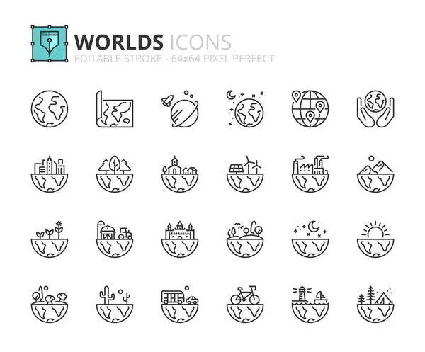 Line Icons Worlds Contains Icons Landscape Earth Sea Mountains City — Vector de stock