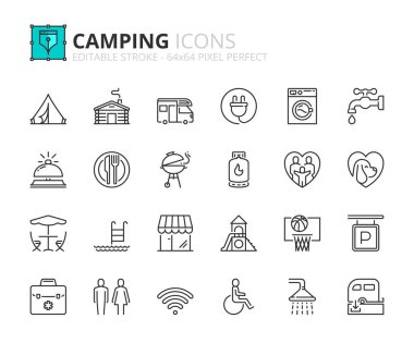 Line icons about camping services. Contains such icons as dump station, shower, wc, restaurant, bungalow, electricity and playground. Editable stroke Vector 64x64 pixel perfect
