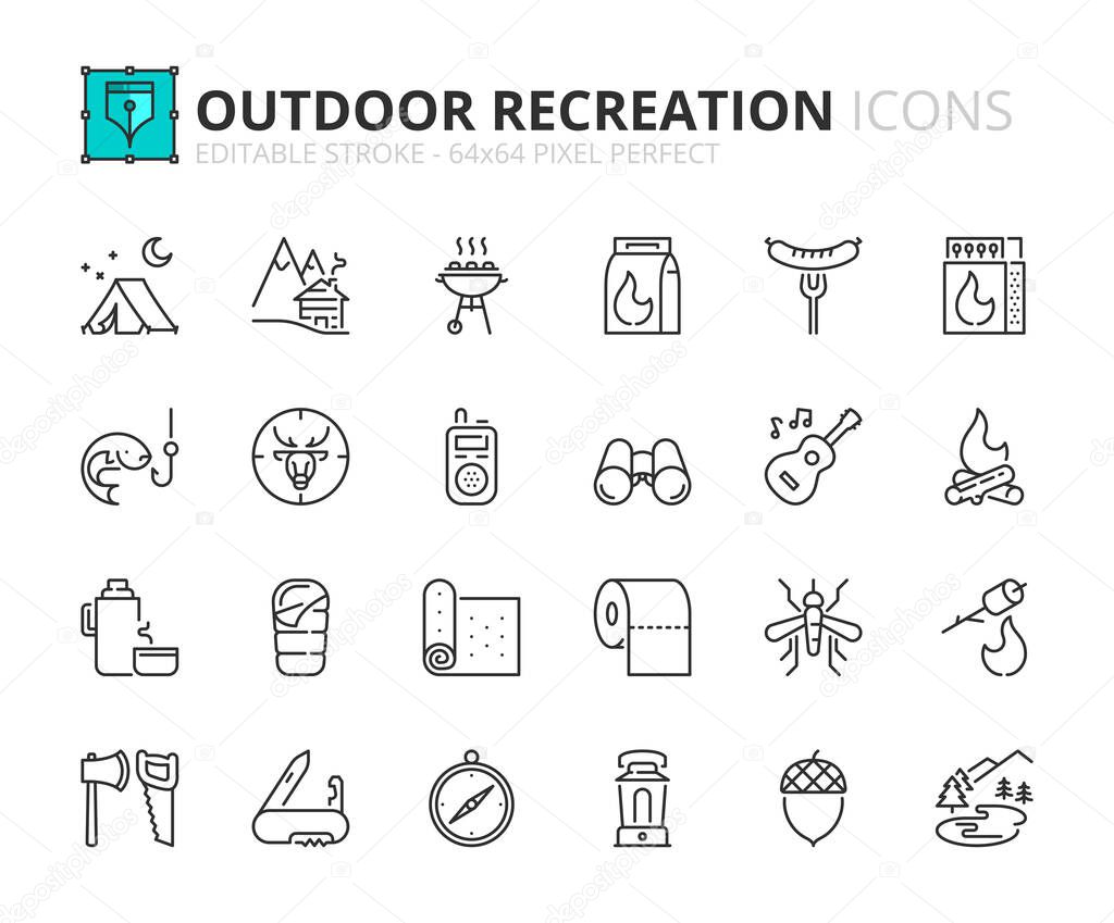 Line icons about outdoor recreation. Contains such icons as camp, forest, campfire, marshmallow, fishing and hunting. Editable stroke Vector 64x64 pixel perfect