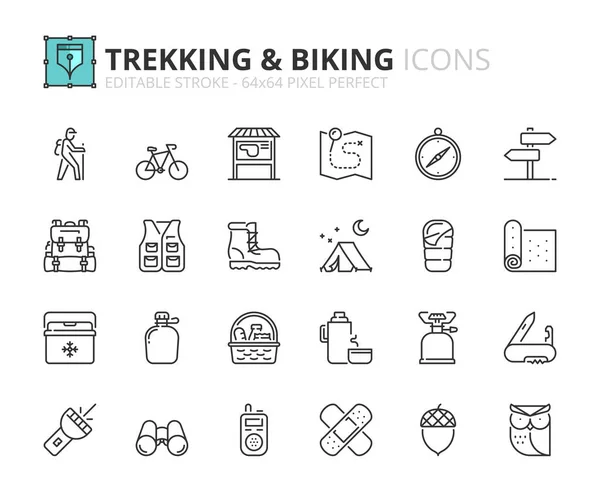 关于徒步旅行和骑自行车的线条图标 包含诸如露营 自行车和山地设备等图标 可编辑笔划矢量64X64像素完美 — 图库矢量图片