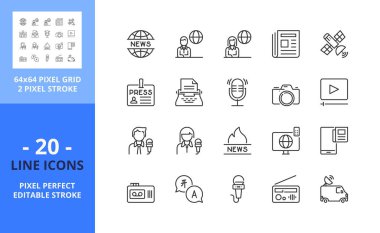 Gazetecilik hakkında satır simgeleri. İletişim, haber, televizyon, radyo, gazete, dijital medya ve gazeteci gibi ikonlar içeriyor. Düzenlenebilir felç. Vektör - 64 piksel mükemmel ızgara