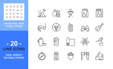 Line icons about outdoor recreation. Contains such icons as camp, forest, campfire, marshmallow, fishing and hunting. Editable stroke. Vector - 64 pixel perfect grid