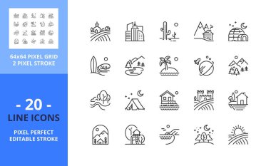Line icons about the landscape. Contains such icons as fields, mountains, island, grove, beach, desert and arctic. Editable stroke. Vector - 64 pixel perfect grid