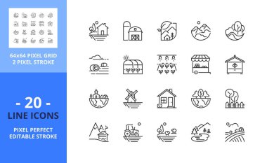 Kırsal bölgelerde çizgi simgeleri. Kırsal ev, çiftlik, manzara dağı, doğa, koru ve göl gibi ikonlar içerir. Düzenlenebilir felç. Vektör - 64 piksel mükemmel ızgara