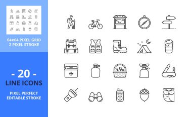 Line icons about trekking and biking. Contains such icons as camping, map, trail, picnic, bike, and mountain equipment. Editable stroke. Vector - 64 pixel perfect grid