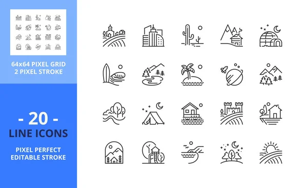 Line Icons Landscape Contains Icons Fields Mountains Island Grove Beach — Stok Vektör