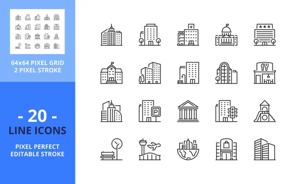 Line Icons City Contains Icons Apartments Office Bank Hospital Buildings — Stockvector