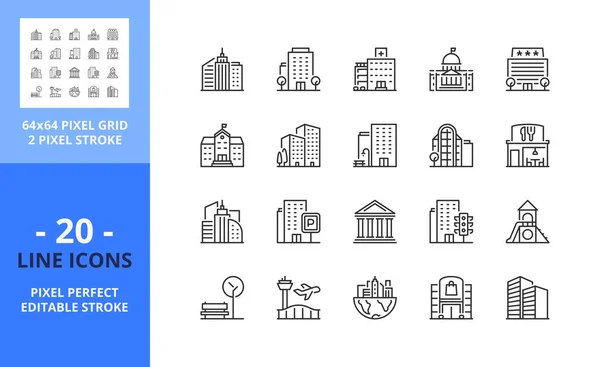 市内の線のアイコン マンション オフィス 超高層ビル モール 公園などのアイコンが含まれています 編集可能なストローク ベクトル 64ピクセルの完璧なグリッド — ストックベクタ