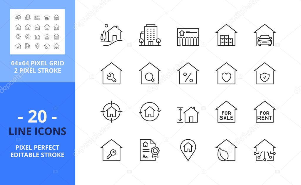 Line icons about home and real estate. Contains such icons as country house, apartments, search for sale or for rent, mortgage and insurance. Editable stroke. Vector - 64 pixel perfect grid