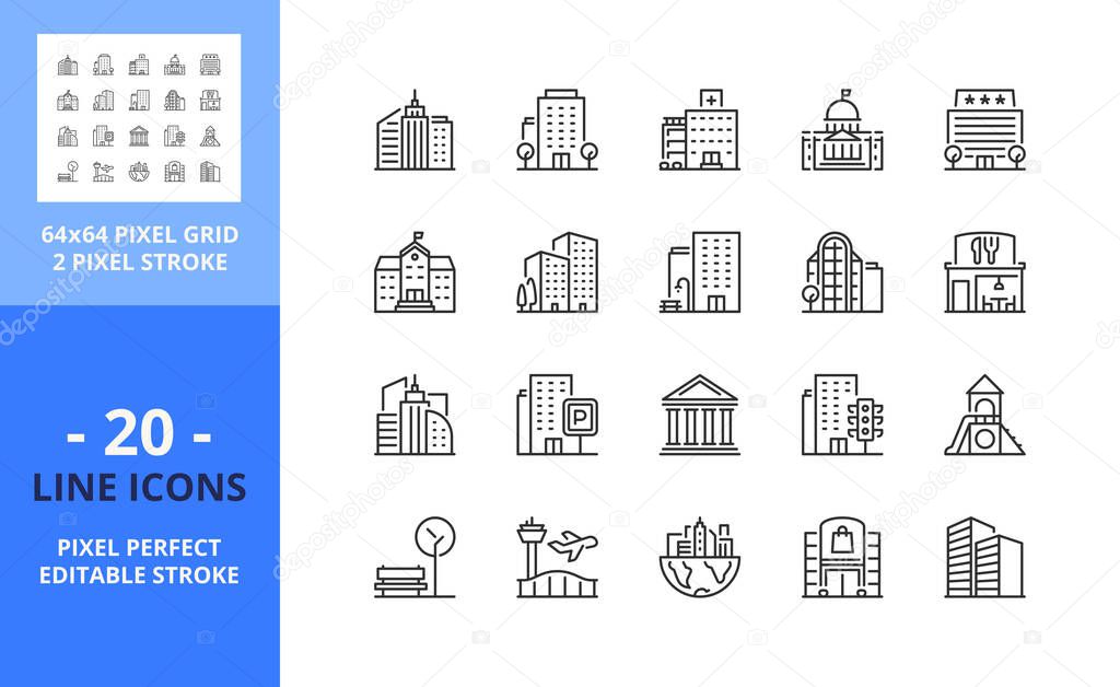 Line icons about the city. Contains such icons as apartments, office, bank, hospital, buildings, skyscraper, mall and park. Editable stroke. Vector - 64 pixel perfect grid