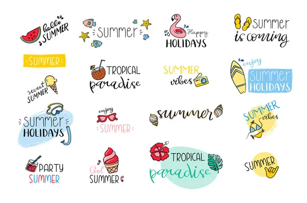 Etichette Vacanze Estive Doodles Elementi Colorati Contiene Icone Come Bikini — Vettoriale Stock