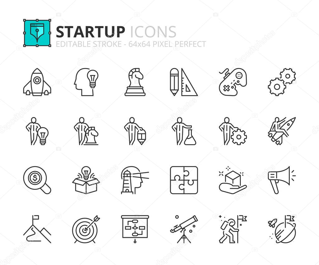 Line icons about startup. Business concept. Contains such icons as launch, idea, strategy, promotion, design, testing and production. Editable stroke Vector 64x64 pixel perfect
