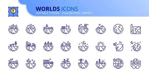 Icônes Ligne Sur Les Mondes Contient Des Icônes Telles Que — Image vectorielle