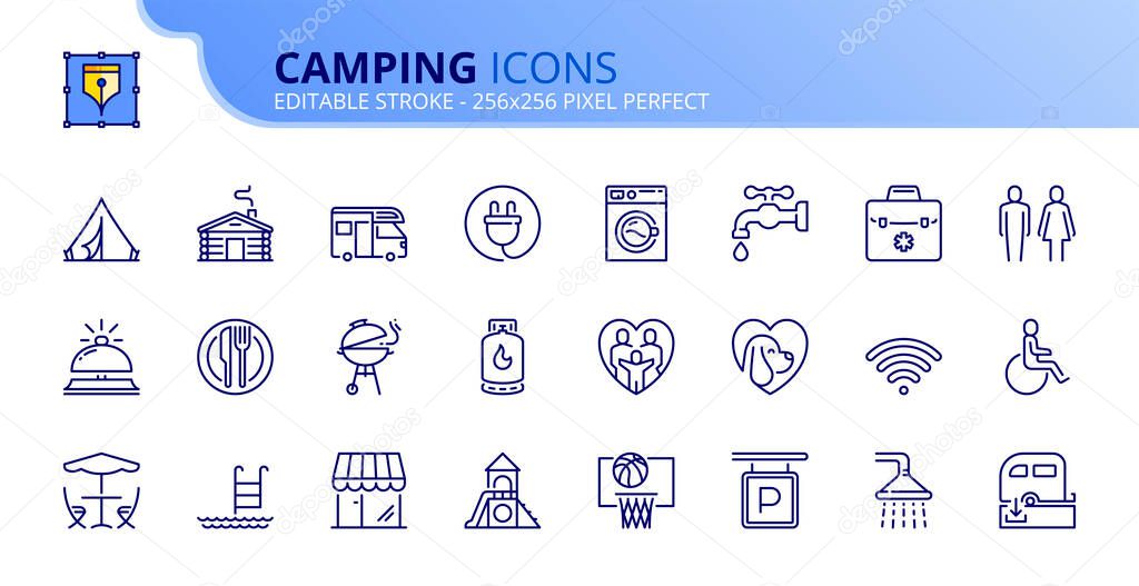 Line icons about camping services. Contains such icons as dump station, shower, wc, restaurant, bungalow, electricity and playground. Editable stroke Vector 256x256 pixel perfect